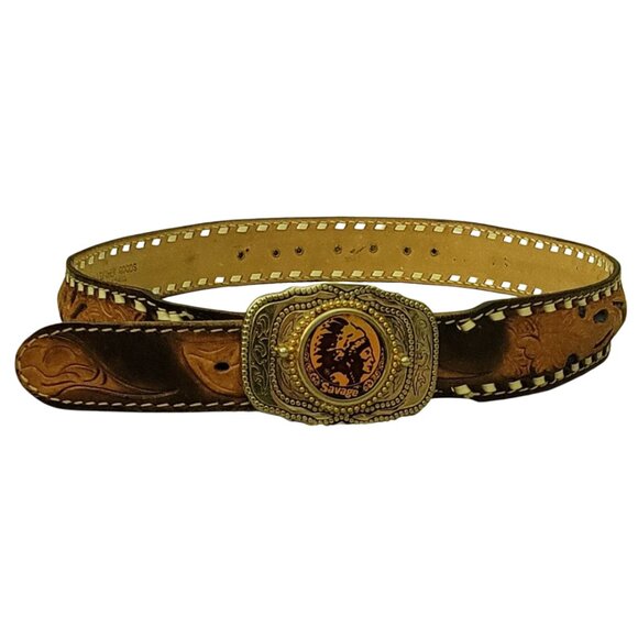 VTG Wilson's Leather Goods Western Tooled Leather Belt Indianhead Buckle Savage - Picture 9 of 16
